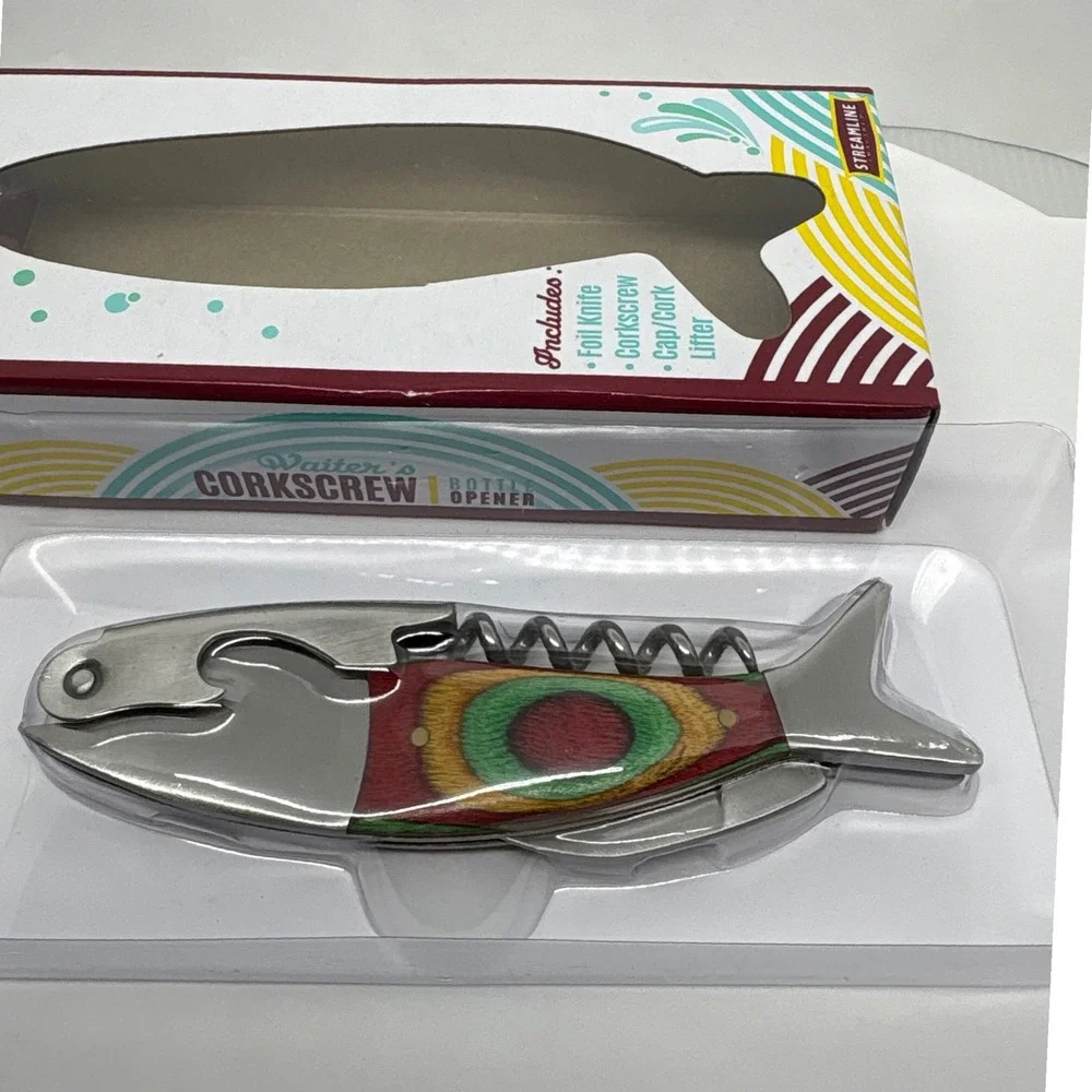 Streamline Waiter's Corkscrew Bottle Opener Fish Design‎ Foil Knife Cork Lifter